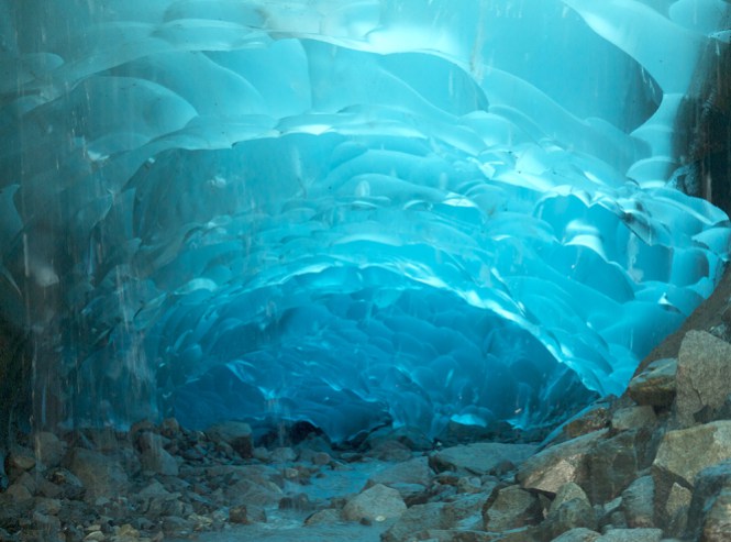 under the glacier in an ice cave